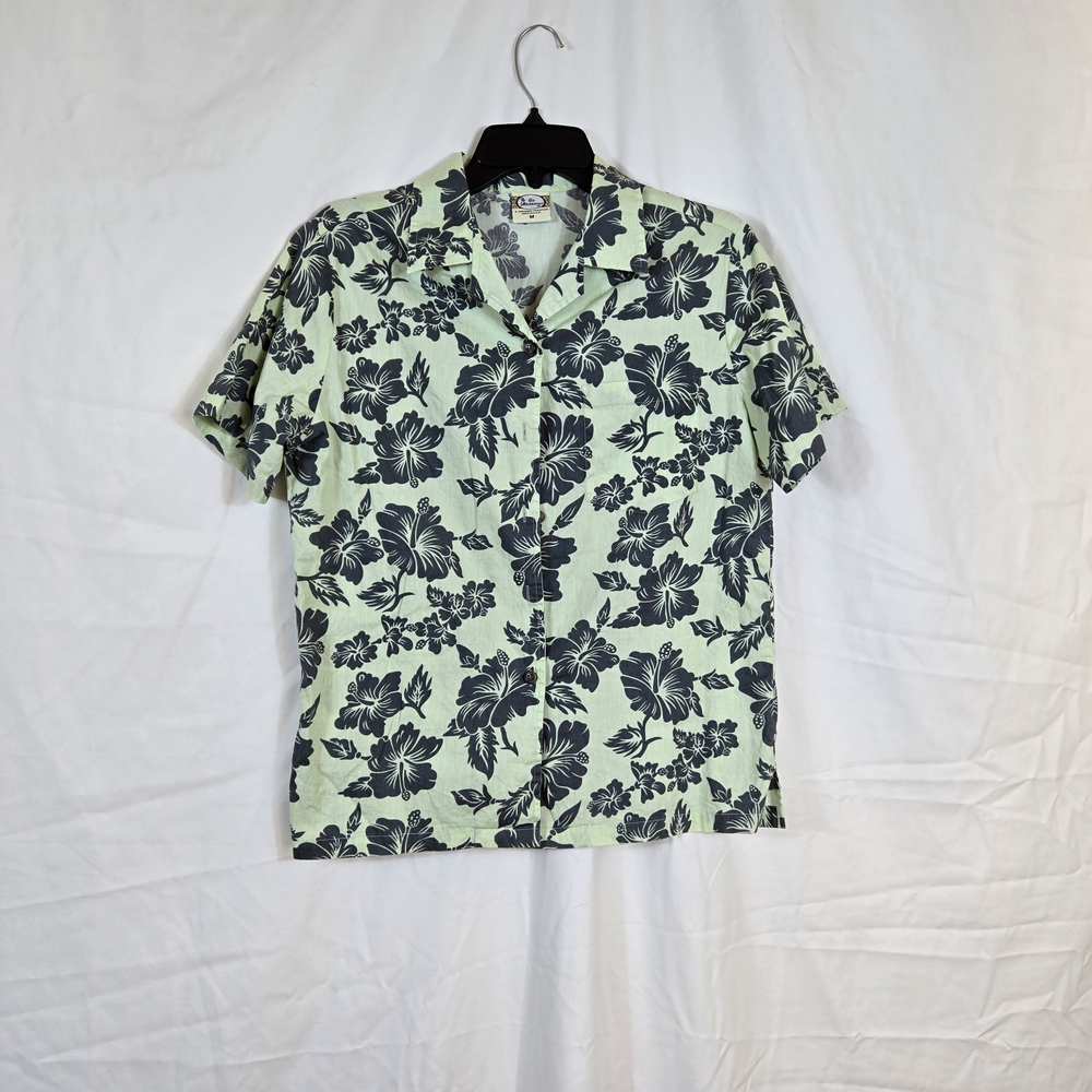 Go Barefoot Women's Mint Green Gray Hibiscus Print Short Sleeve Hawaiian Shirt M